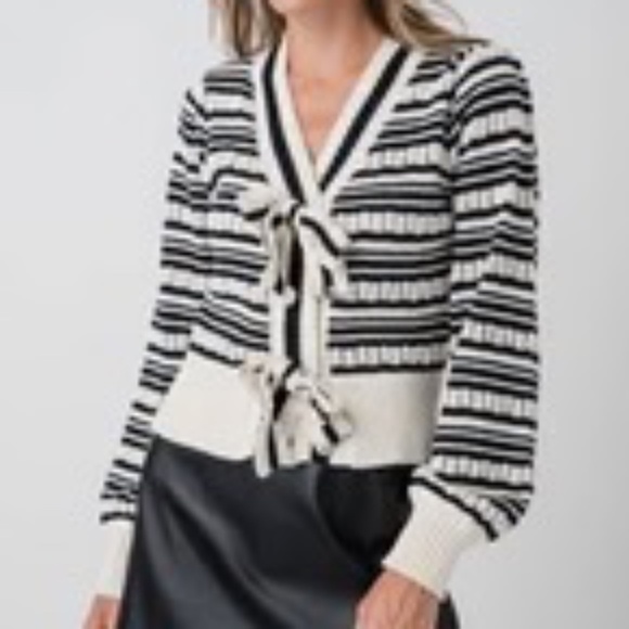 Urban Daizy Sandie Striped Bow Cardigan, Black and Ivory - NWOT - Picture 1 of 6